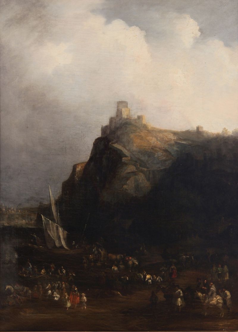 Landscape featuring a castle at sunset by Genaro Pérez Villaamil, oil painting
