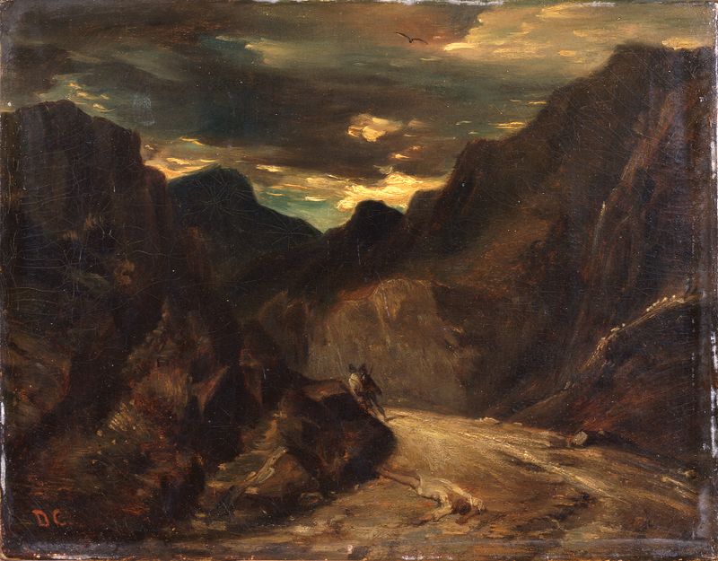 Paisaje óleo de Alexandre-Gabriel Decamps con figuras y naturaleza vibrante.