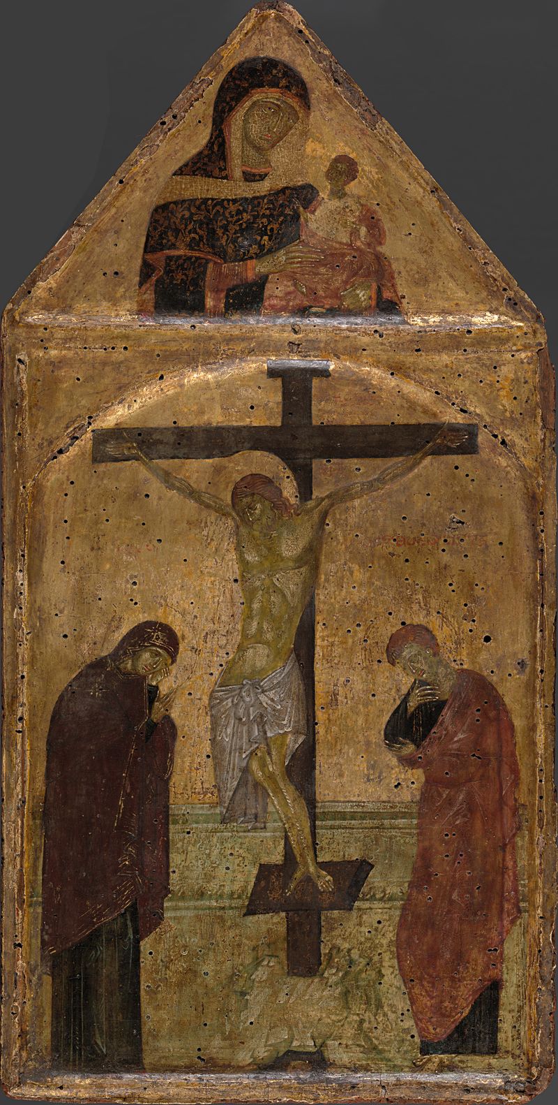 Escena de crucifixión con la Virgen y San Juan, temple sobre panel de Unknown Artist