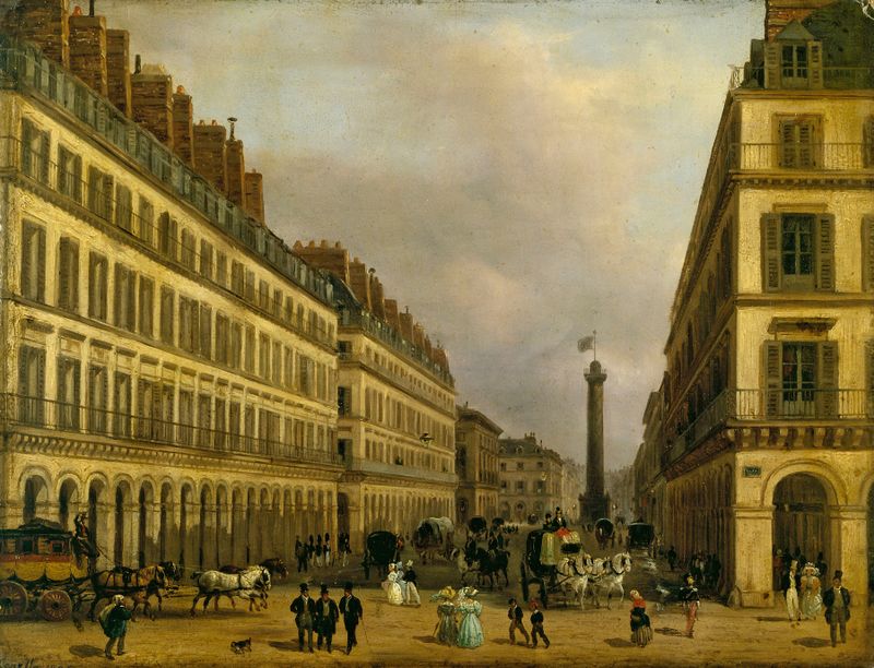 La rue de Castiglione, óleo sobre tela de Giuseppe Canella, retratando uma rua de paralelepípedos ao entardecer.