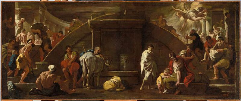 The Well of Bethesda, oil on canvas by Luca Giordano, featuring figures near a well with light and shadow.