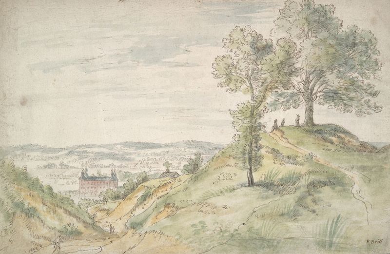 Figures on a Hill Viewing a Castle, óleo sobre tela de Circle of Gillis Neyts