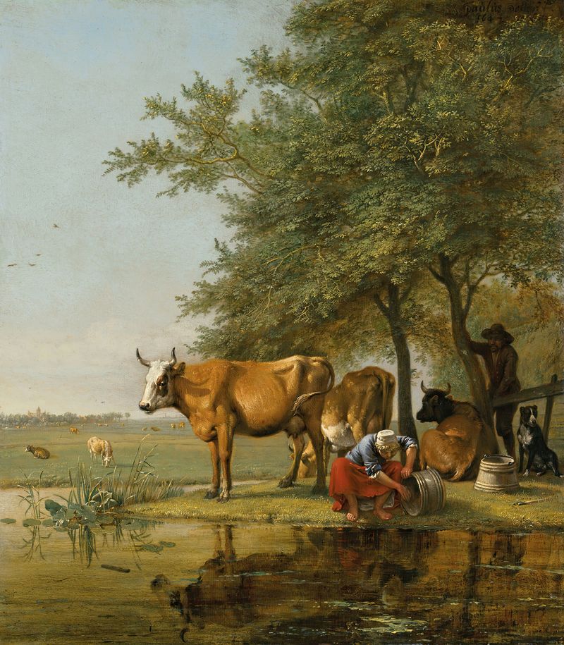Landscape with cattle and a woman cleaning a bucket by a stream, oil painting by Paulus Potter