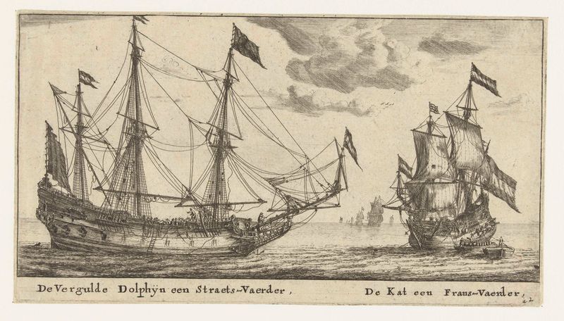 Etching by Reinier Nooms depicting De Vergulde Dolfijn and De Kat sailing on tranquil waters.