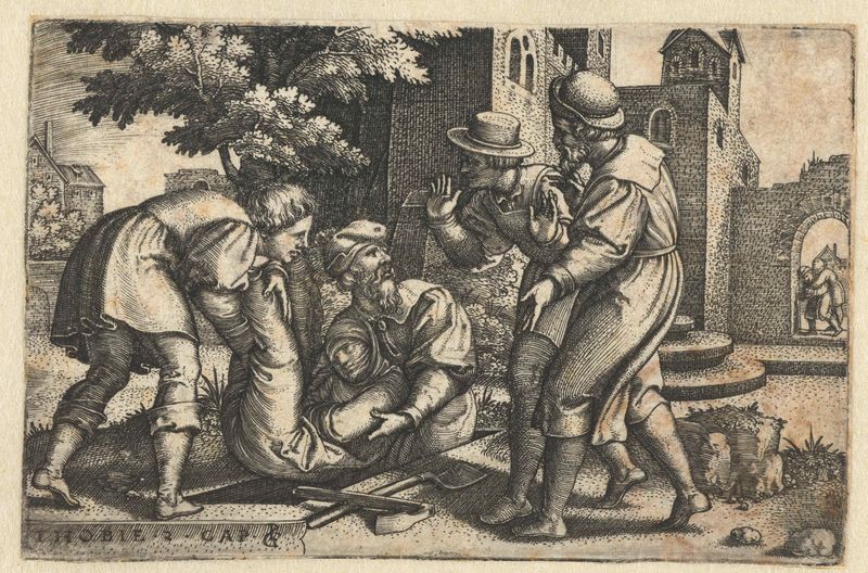 Gravura de Georg Pencz mostrando Tobit e Tobias lamentando um corpo sem vida.