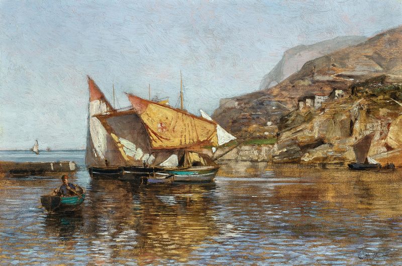 Paisaje costero con barcos de pesca, óleo sobre lienzo de Carl Moll