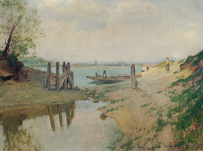 Paisagem de um rio ao crepúsculo por Franz Horst, pintura a óleo