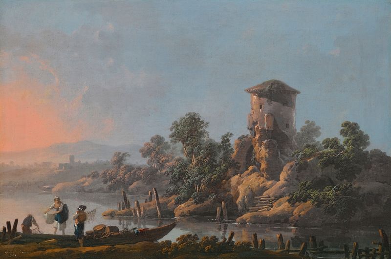 Un paisaje de río con una torre en ruinas y pescadores con sus redes, óleo de Jean-Baptiste Pillement.