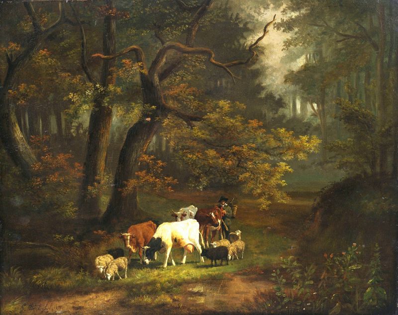 Paisagem com vacas e ovelhas, pintura a óleo de Cornelis Johannes de Vogel