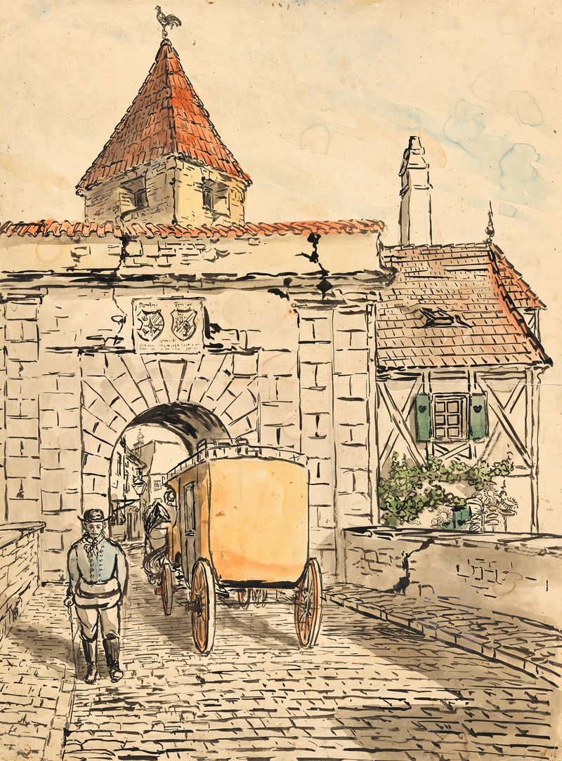 Egon Schiele oil painting of a city gate with a carriage under sunlight and shadows