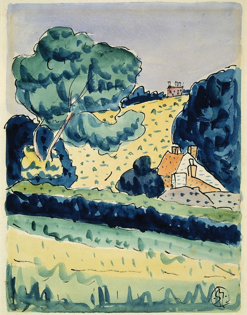 Hillside with cottages by Raymond McIntyre, Impressionism, depicting cottages under golden light