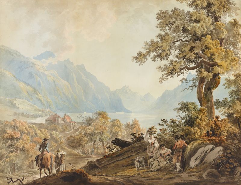 Paisaje de Johann Karl Müllener, que muestra colinas suaves y un cielo sereno.
