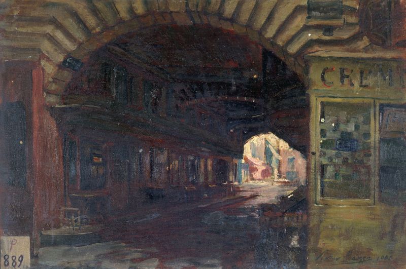 Oil on canvas by Victor Marec depicting a cloister entrance with soft light and muted colors.