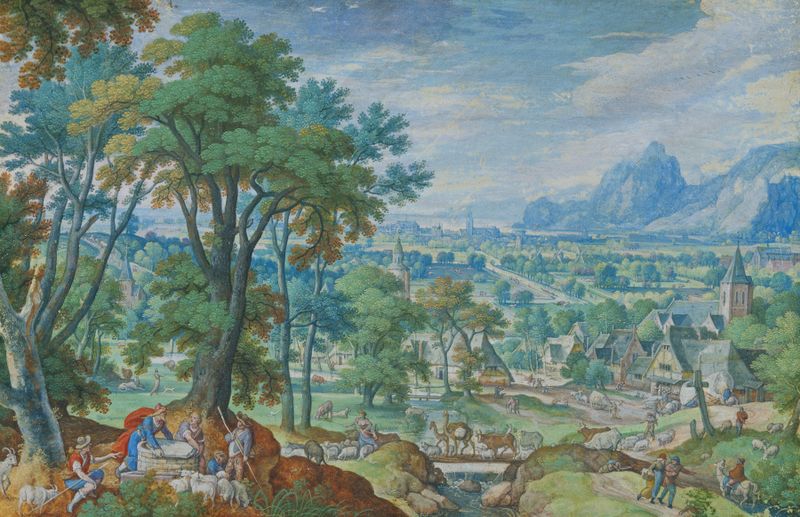 Landscape with Jacob at the Well, oil on panel by Hans Bol