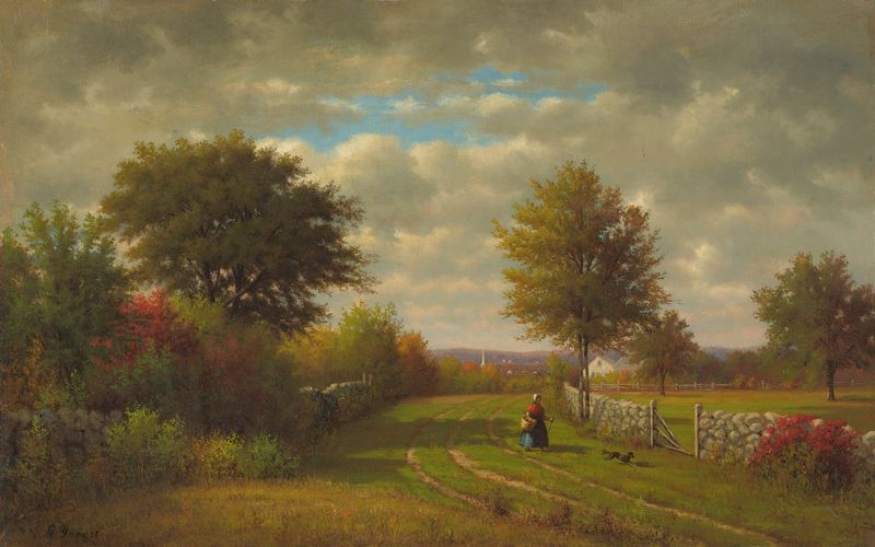 Paisagem com figuras em um ambiente sereno, pintura a óleo de George Inness