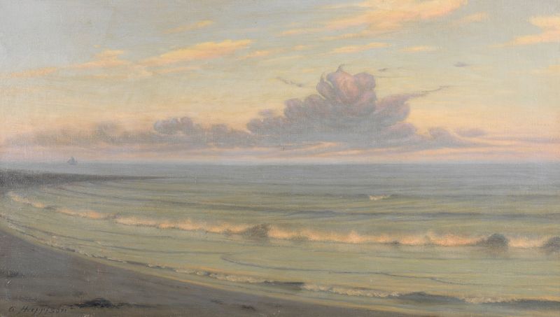 Beach at sunset by Thomas Alexander Harrison, oil painting depicting a serene shoreline with golden light.