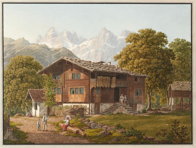 Landscape featuring a farmhouse among hills by Johann Heinrich Luttringhausen