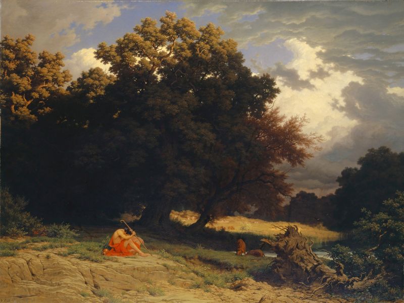 The Prodigal Son by Robert Zünd, oil painting of a contemplative figure illuminated by golden light.