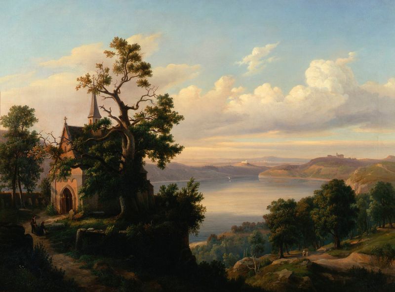 Paisagem com um lago e uma igreja gótica, óleo sobre tela de Chrystian Breslauer