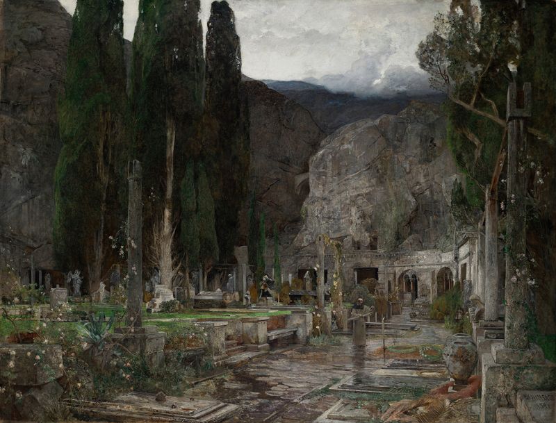 Pintura a óleo de Emil Jakob Schindler retratando um cemitério com lápides e um céu escuro.