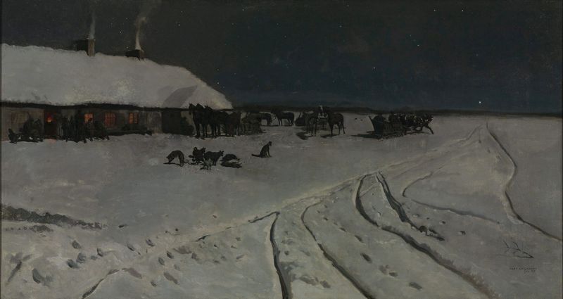 Winter night landscape with a village illuminated by warm light, oil painting by Jozef Chelmonski