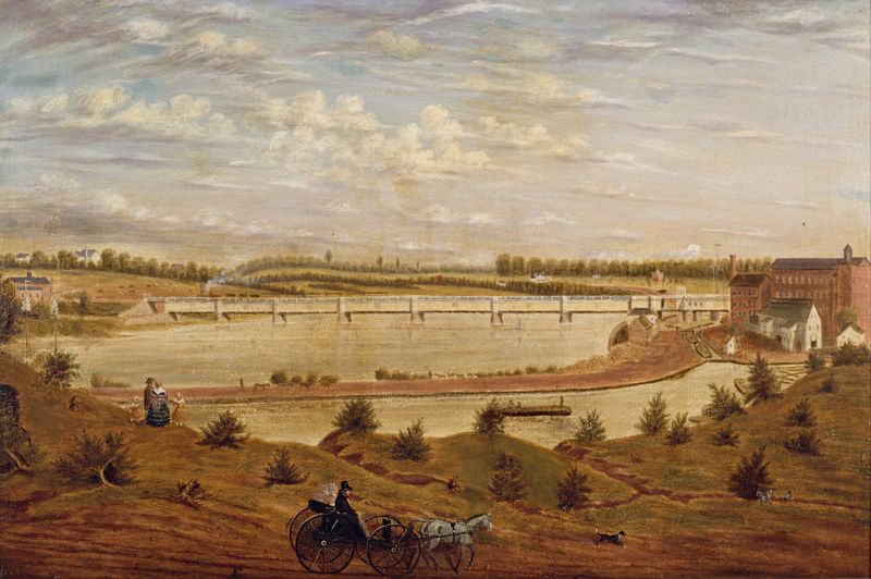 Vista del Puente del Ferrocarril de New Brunswick de John Jesse Barker, realismo, representando un puente sobre aguas tran...