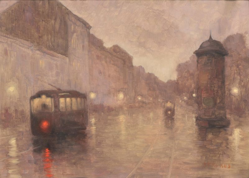 Una calle en Budapest bajo la lluvia, óleo sobre lienzo de Joszef Kerekes