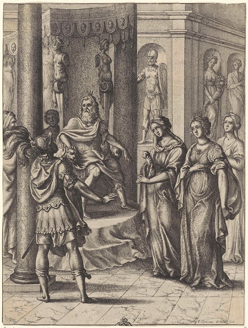 Grabado de Turnus voor de tronende Latinus por Wenceslaus Hollar que muestra figuras en un momento de tensión