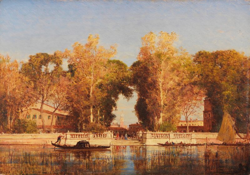 Os Jardins Franceses em Veneza de Félix Ziem, retratando um casal em um jardim, pintura a óleo