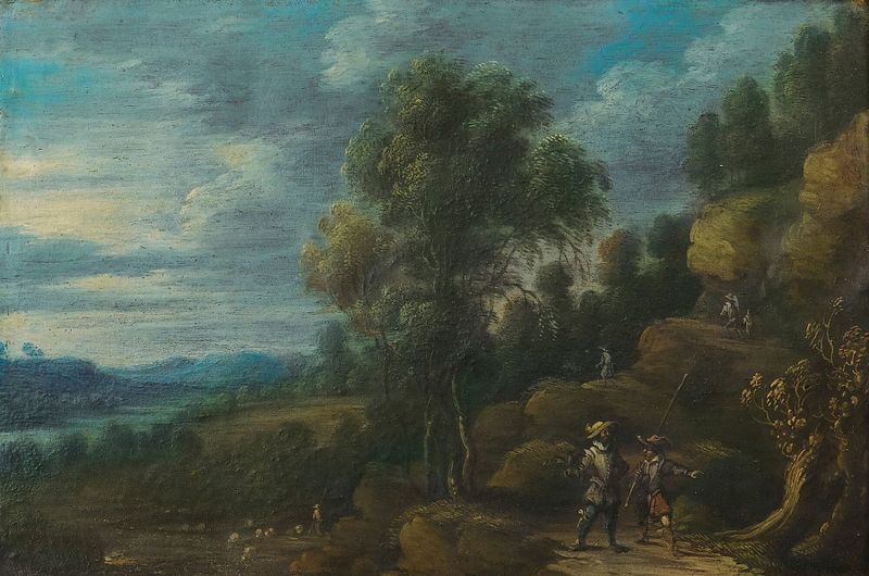 A Wooded Landscape With Figures On A Path, pintura a óleo de Lucas van Uden