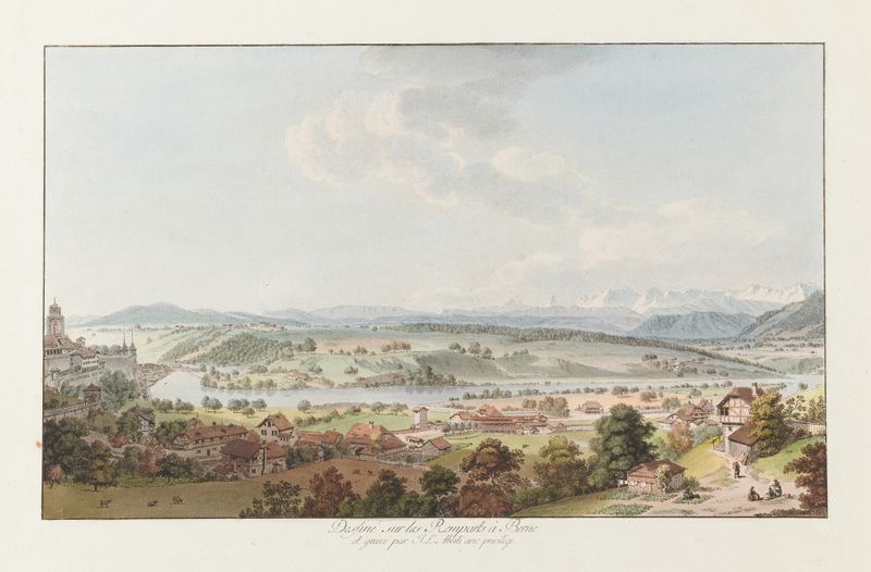 Ink drawing by Johann Ludwig Aberli depicting hills and a tranquil sky
