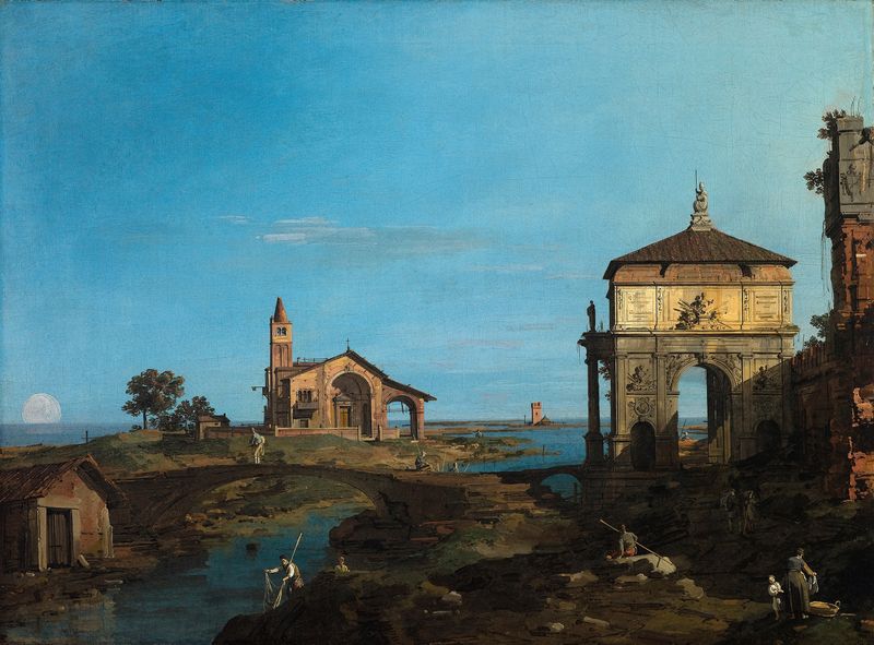 Pintura rococó de Canaletto retratando uma lagoa com uma igreja e um portão.