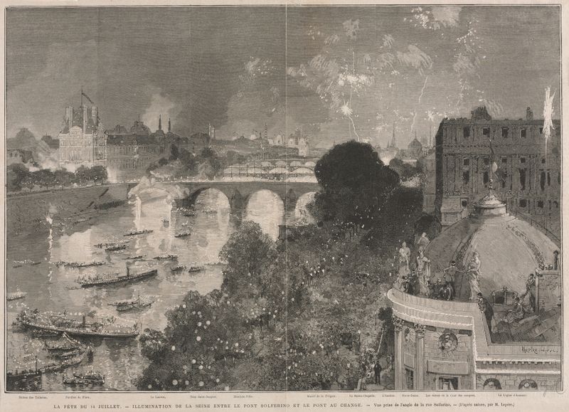 Gravura de Auguste Louis Lepère mostrando uma multidão celebrando com fogos de artifício à noite.