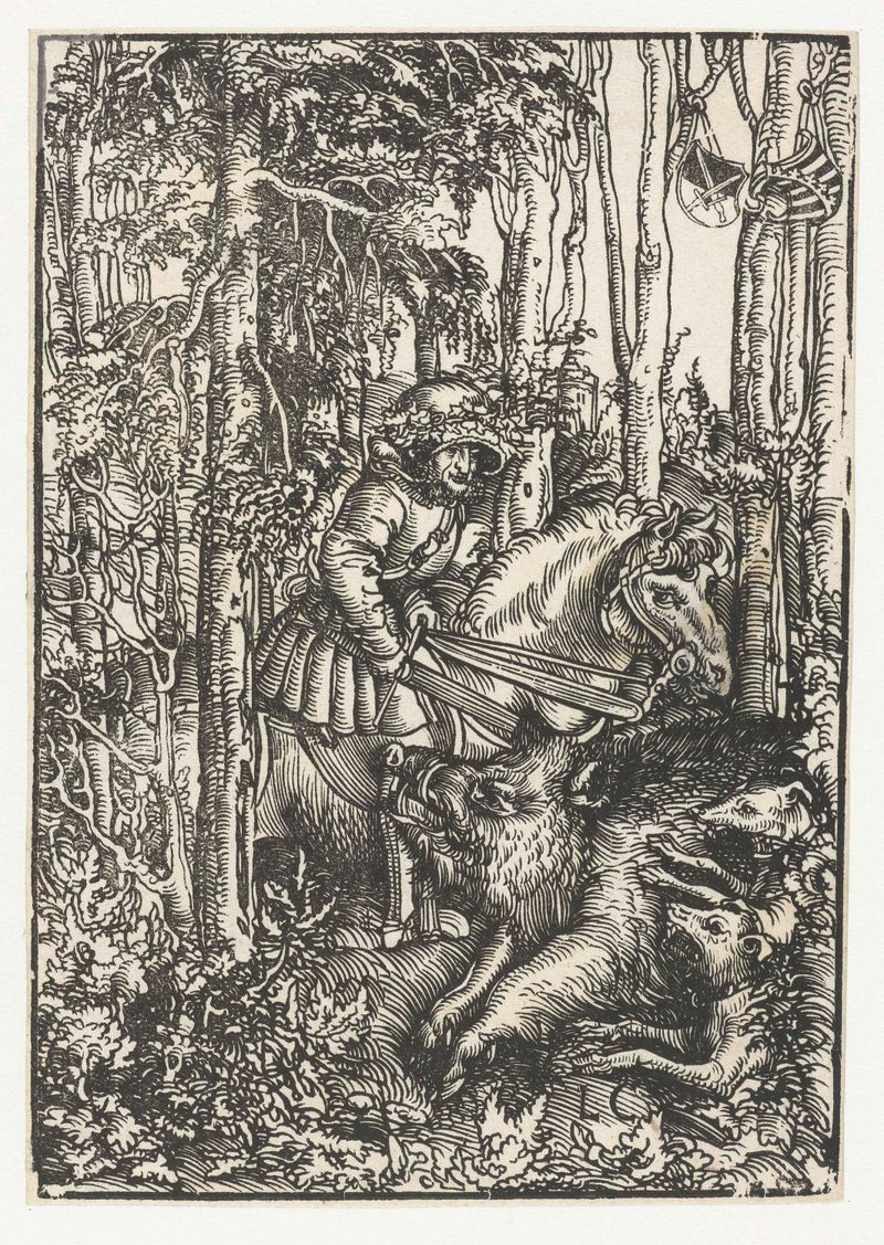 Man te paard jaagt op wild zwijn de Lucas Cranach, medio papel que representa un cazador a caballo persiguiendo un jabalí.