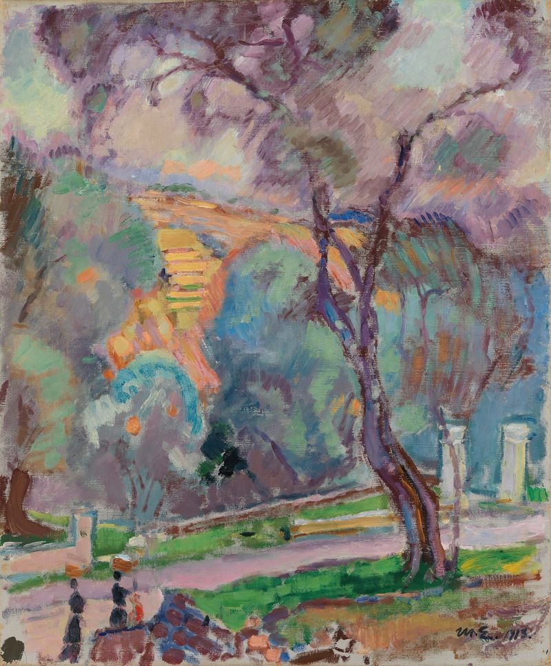 Pintura a óleo de paisagem de Magnus Enckell com árvores e um céu pastel.
