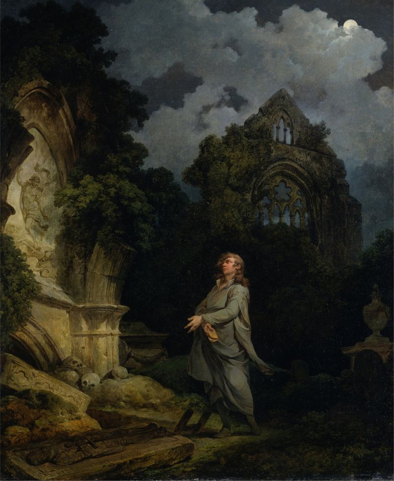 Moonlit graveyard scene with gravestones, oil on canvas by Philip James de Loutherbourg.