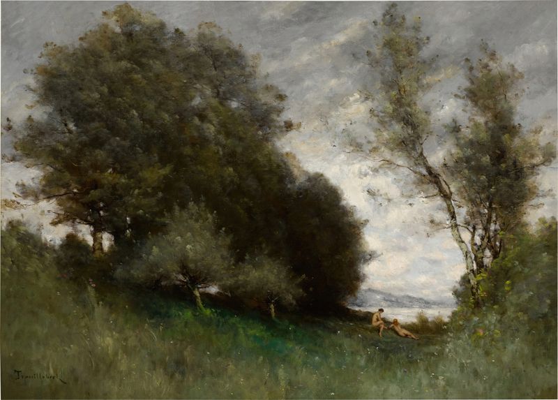 Figurative scene of bathers in a landscape by Paul Désiré Trouillebert, oil painting