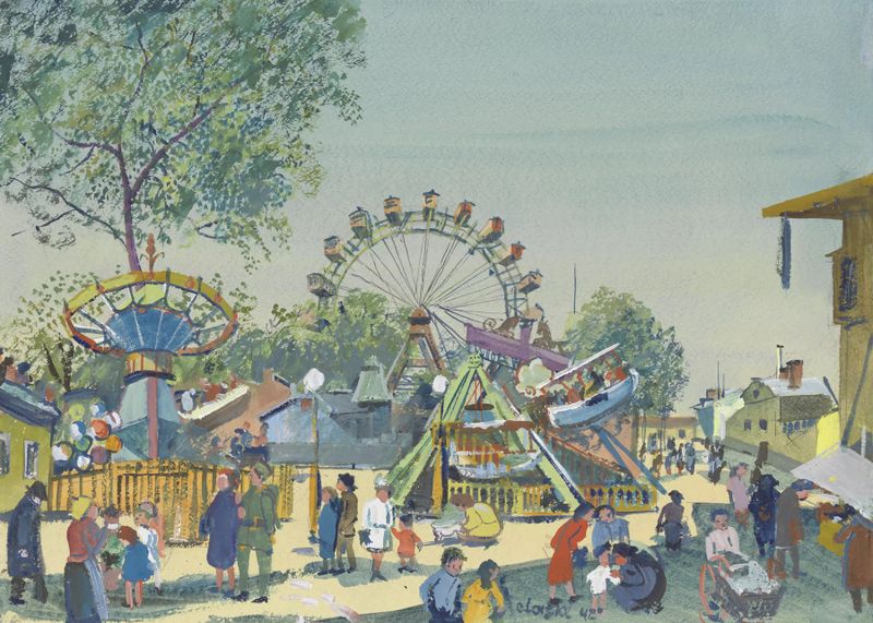 Genre scene depicting a vibrant carousel by Oskar Laske, 1942