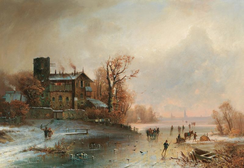 Paisaje invernal con figuras delicadas en la nieve, pintura al óleo de Anton Doll