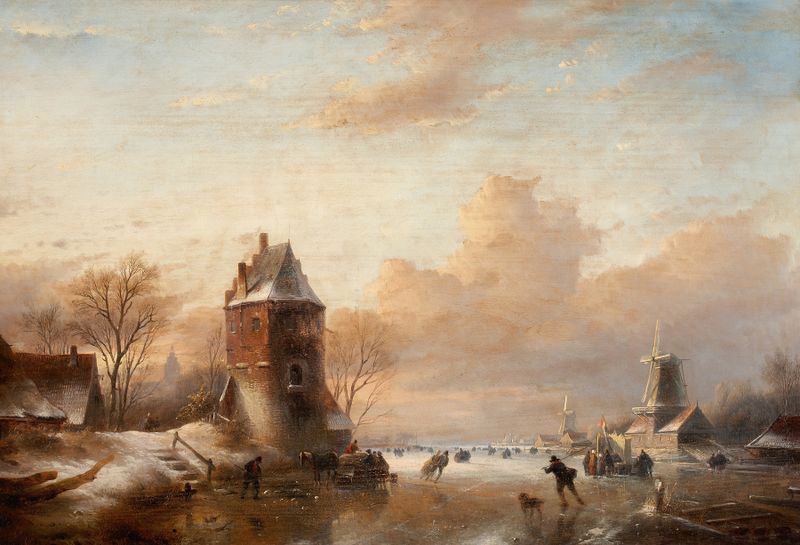 Winter landscape with skaters and windmills, oil on canvas by Jan Jacob Coenraad Spohler