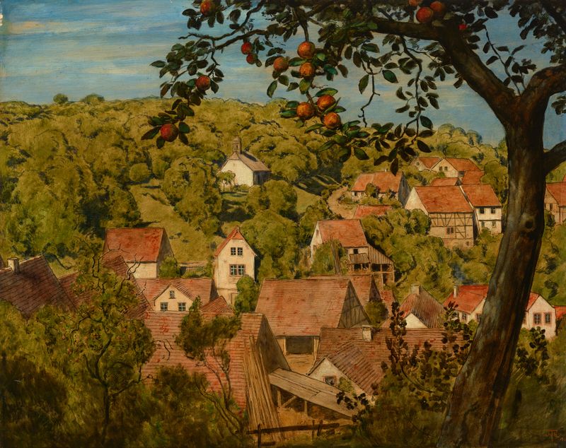 Blick auf Mamolsheim by Hans Thoma, oil painting depicting a serene landscape with soft gradients of green and gold.