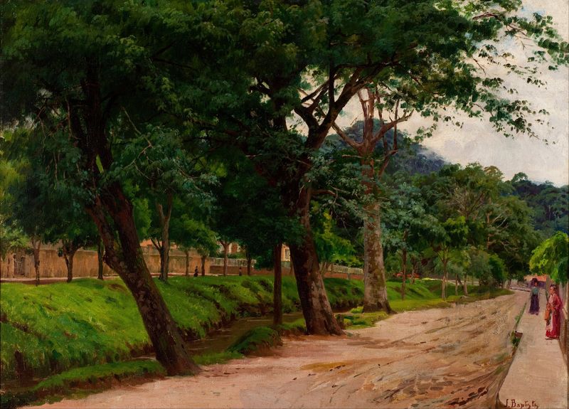 Paisaje de Petrópolis de João Baptista da Costa, pintura al óleo que representa una escena natural serena.