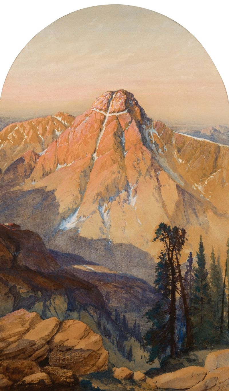 Landscape of Mount of the Holy Cross by William Henry Holmes, oil painting of a snow-capped mountain.
