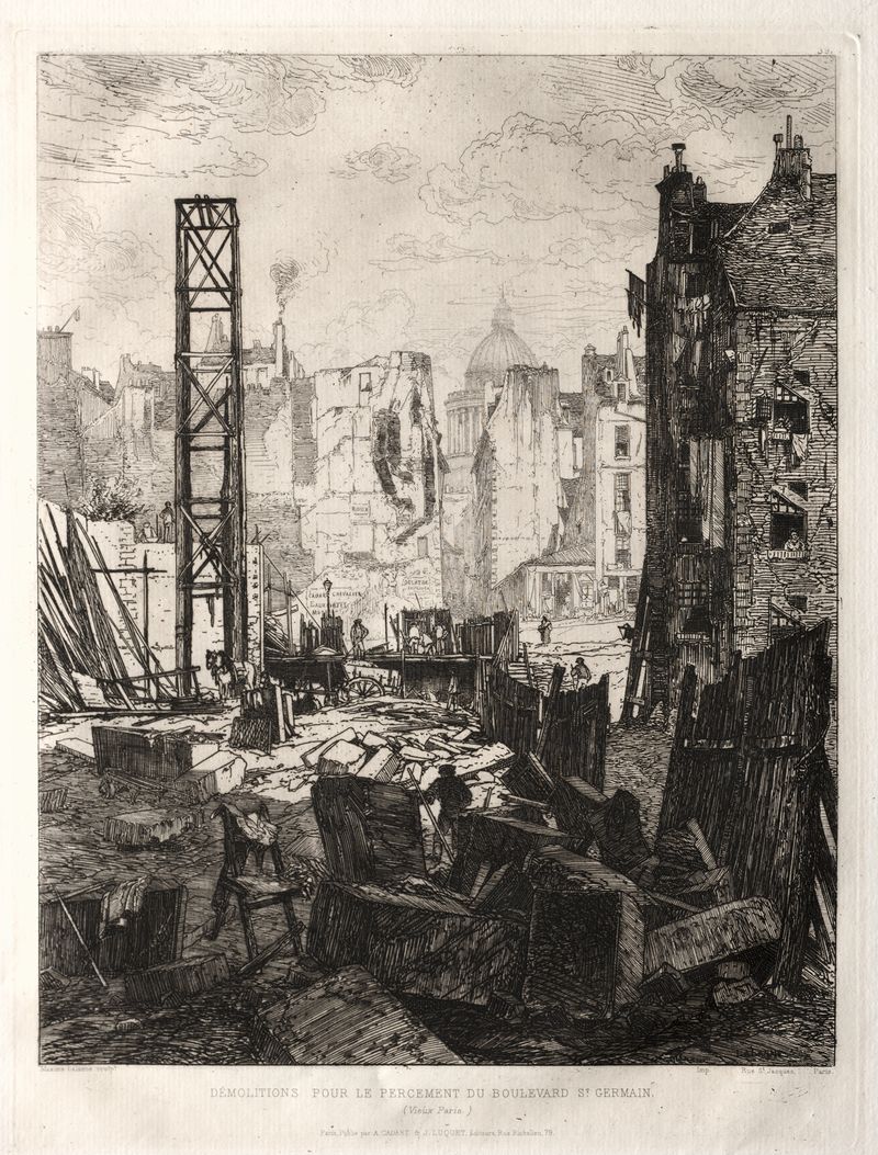 Grabado de Maxime Lalanne que representa un paisaje urbano con ruinas y sombras.