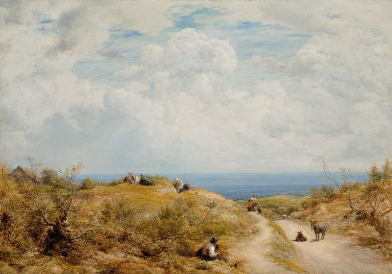 Pintura a óleo de John Linnell retratando colinas suaves e um céu melancólico