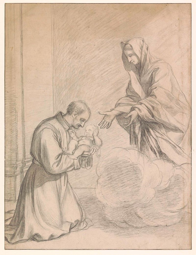 Cena religiosa de Maria recebendo o menino Cristo, papel de Claude Mellan