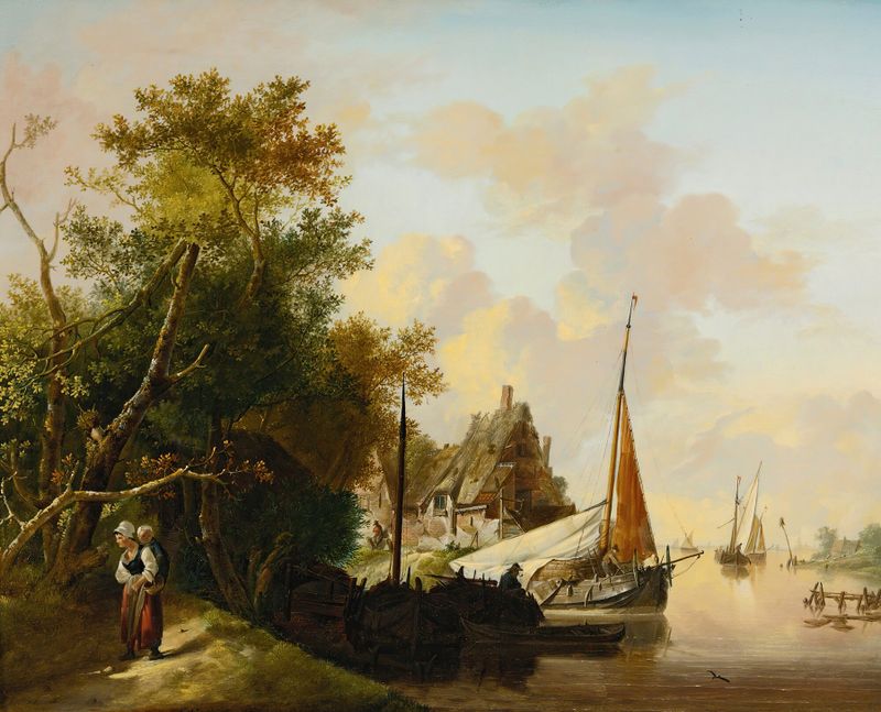 Mother and child by a river, oil painting by Jan Van Os
