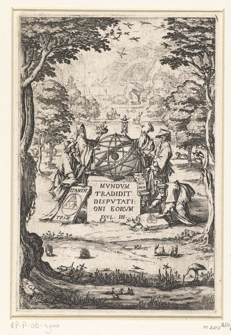 Gravura de Jacques Callot mostrando estudiosos reunidos em torno de um globo celestial