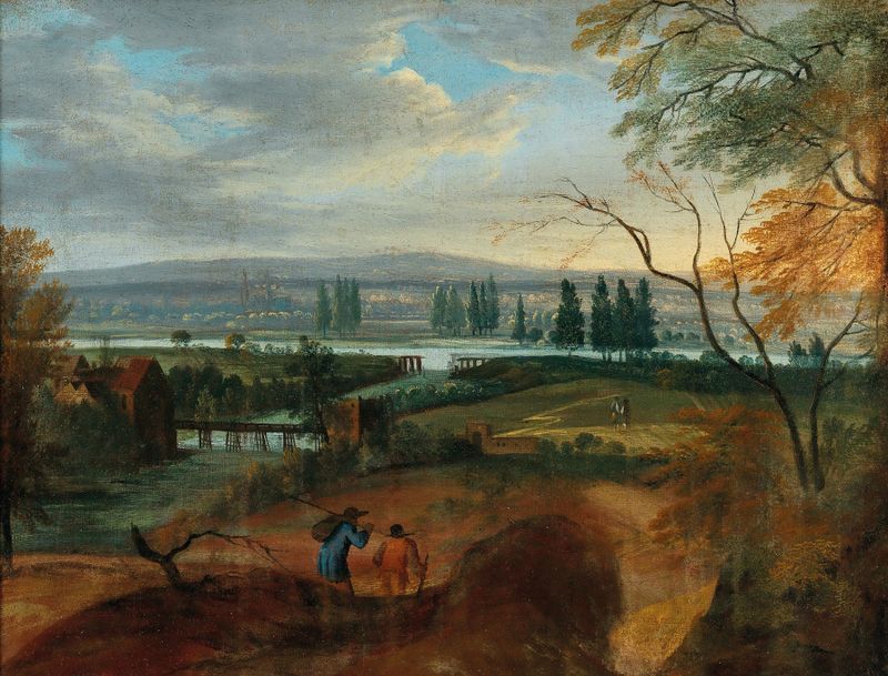 Extensive hilly landscape with a river, oil on canvas by Adriaen van Stalbemt