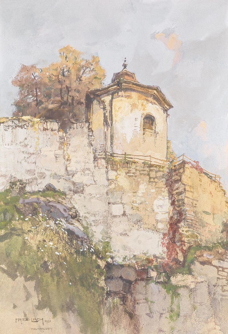 Pintura al óleo de paisaje vibrante de Fritz Lach con rojos intensos y azules profundos.
